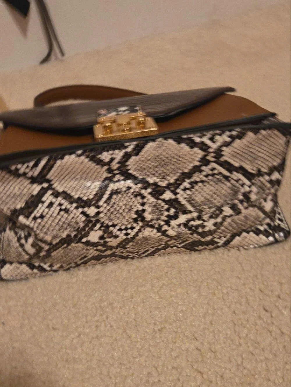 Aldo Structured Brown Croc-Textured Top Handle Satchel with Snake-Print Accents - Picture 5 of 5